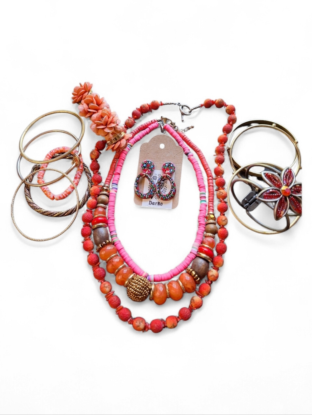 Coral Pink Beaded Necklaces Earrings Bracelets Beachy Coastal Bohemian Festival